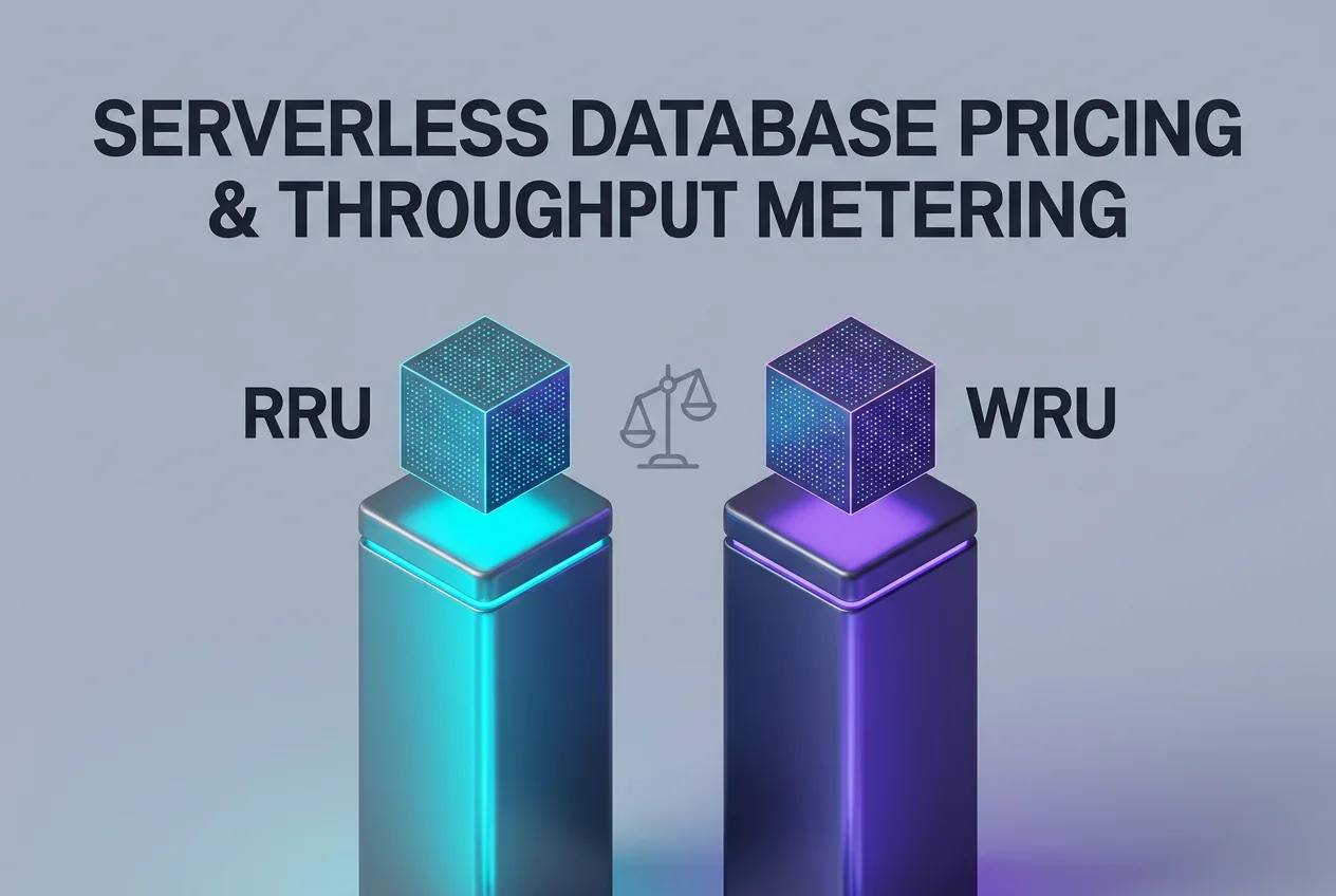 3D isometric infographic illustrating Read and Write Request Units for serverless database metering.