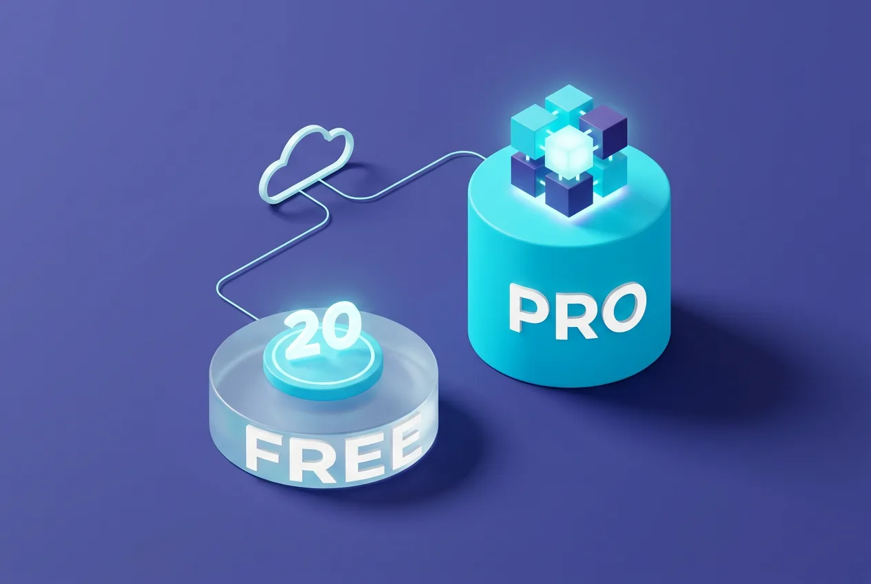 3D infographic comparing Canva Craft Free tier 20 credits versus Pro API access tiers.