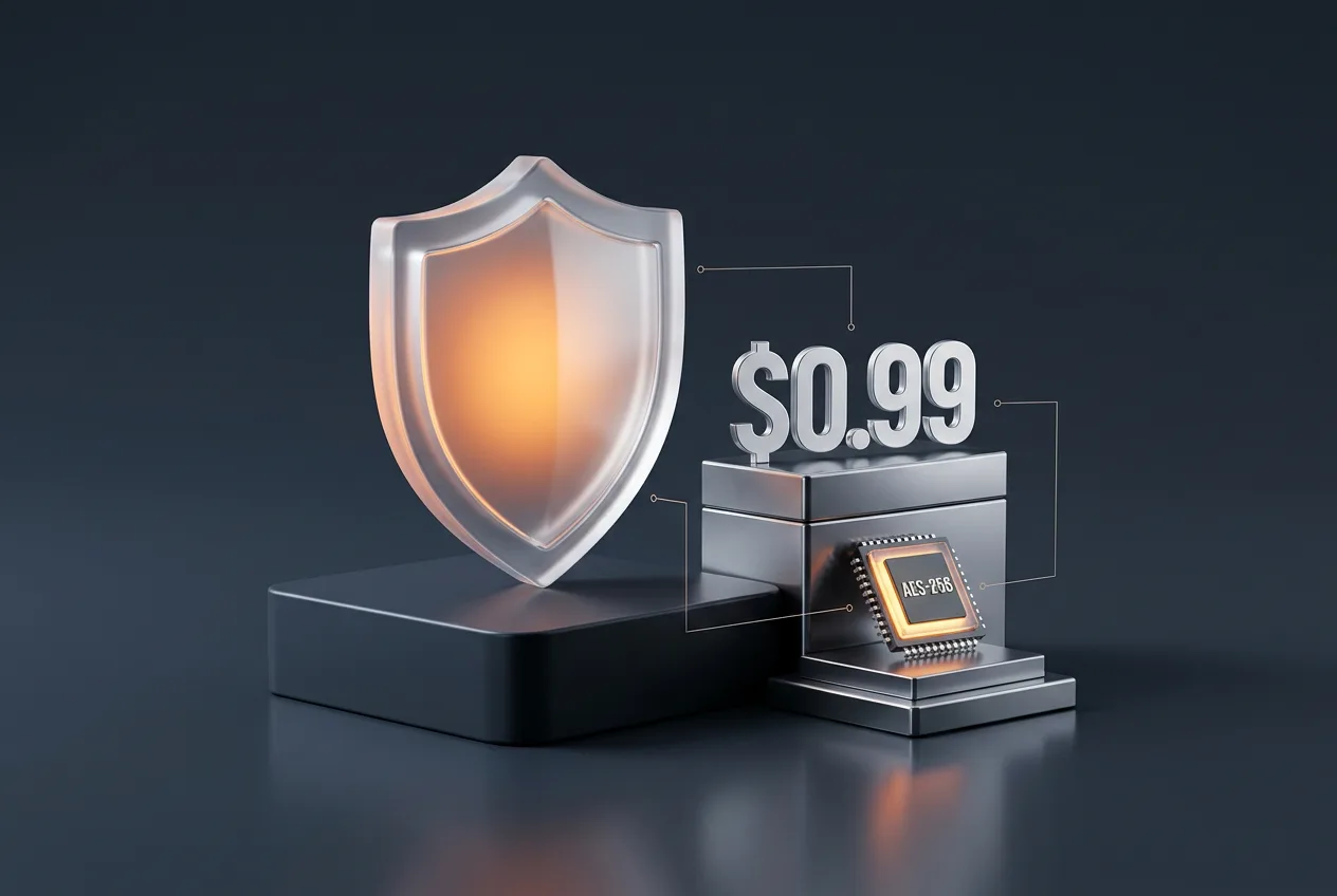 3D cybersecurity and pricing concept with a glowing shield and AES-256 encryption chip.