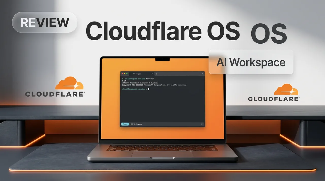 Cloudflare OS review magazine cover with AI workspace laptop interface and Cloudflare orange branding
