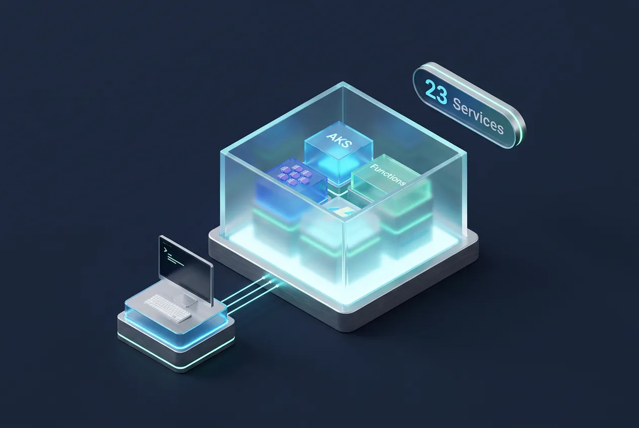 Isometric 3D infographic illustrating LocalStack emulating 23 Azure cloud services locally.