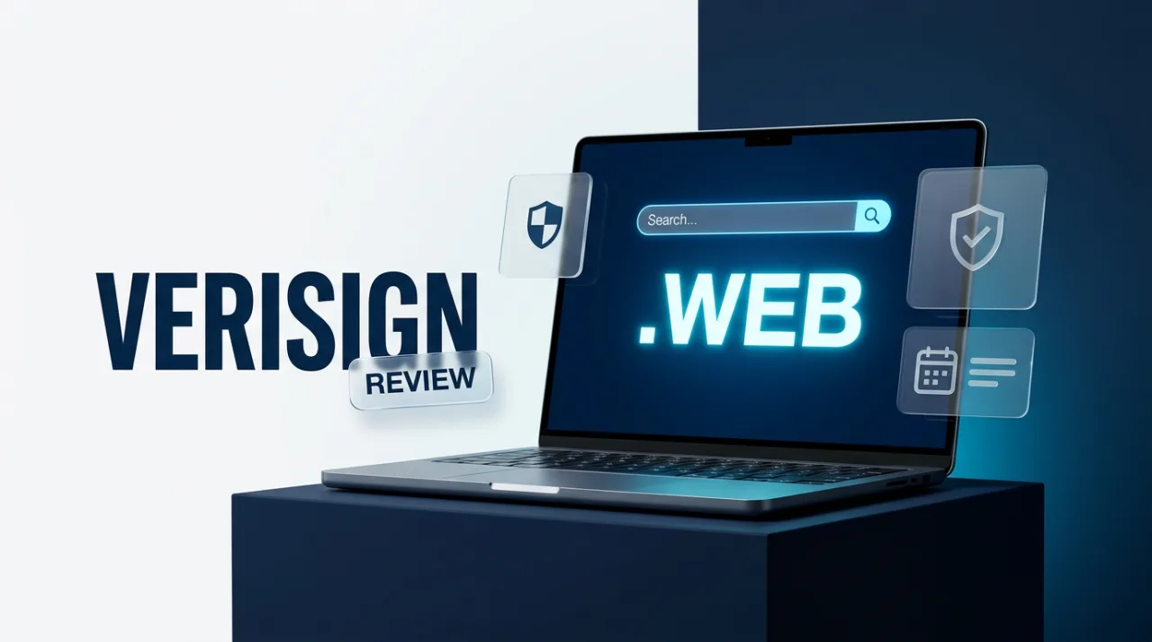 Verisign .web domain launch review cover featuring a minimalist laptop interface and branding badges.