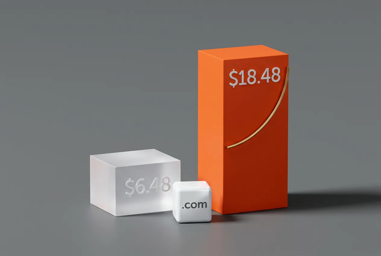 3D infographic chart illustrating Namecheap introductory domain price versus renewal rate increase.