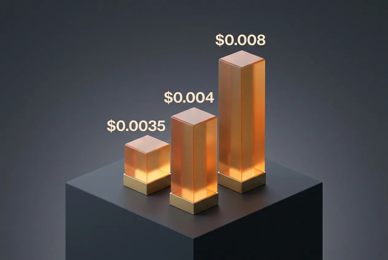 3D editorial bar chart comparing Mistral Voxtral 3 speech-to-text pricing per minute.