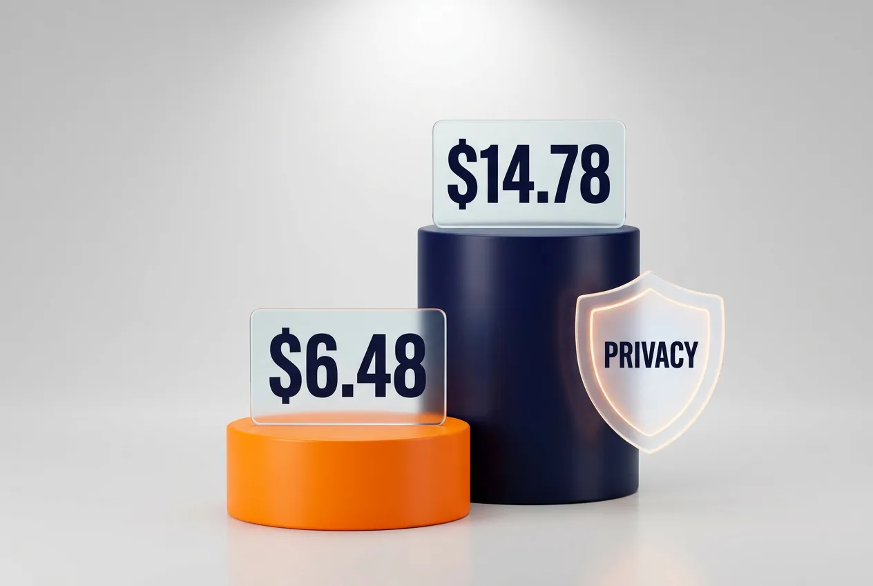 3D price comparison chart showing Namecheap domain first-year promo rate against renewal price