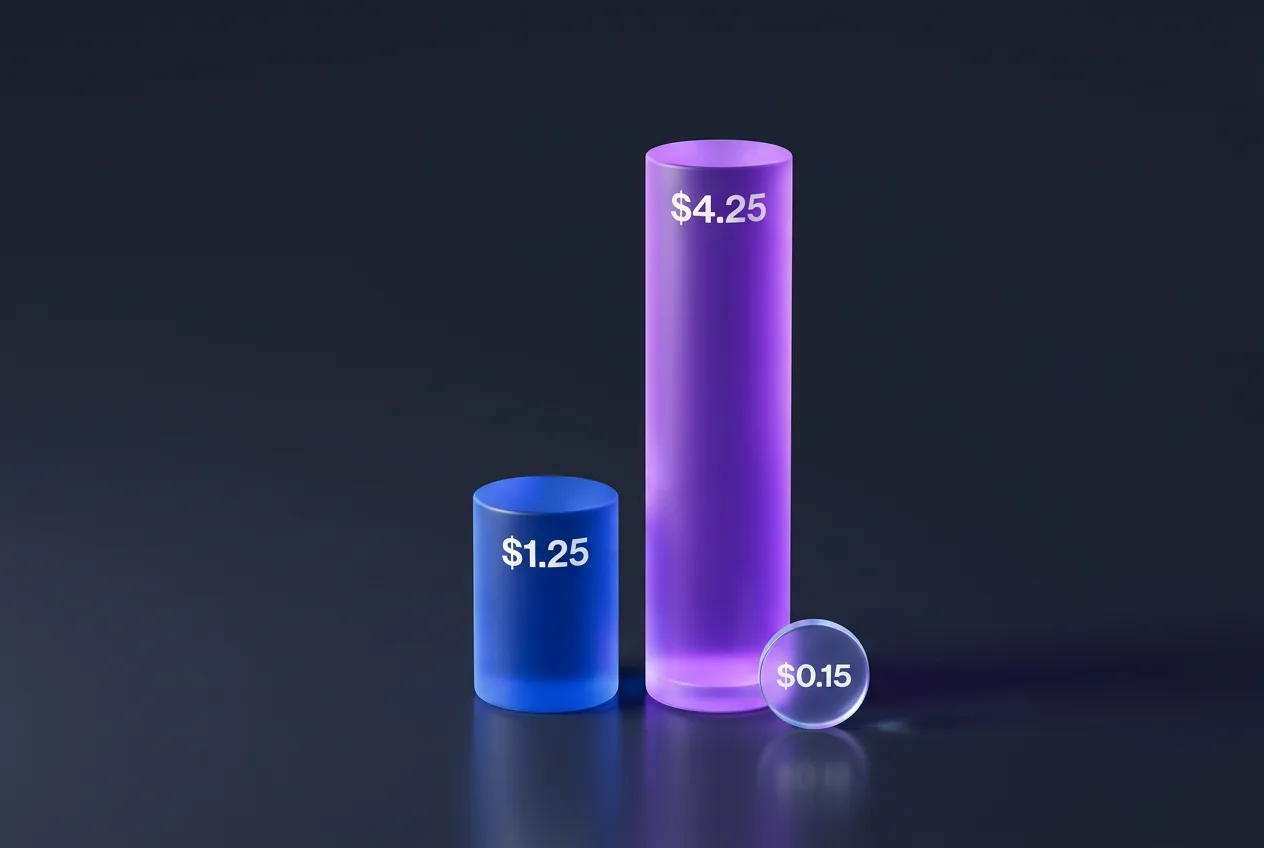 3D editorial bar chart comparing Meta Muse Spark token pricing at $1.25 and $4.25.