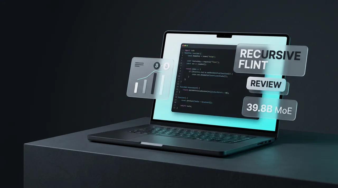 Recursive Flint coding model review cover featuring a sleek laptop and floating specification cards.