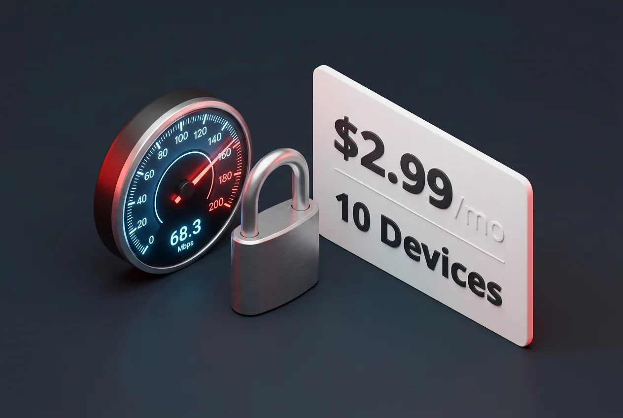 3D editorial graphic showing VPN speed performance, privacy padlock, and subscription pricing tier.