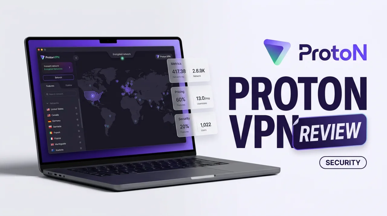 Proton VPN review editorial graphic showing a sleek laptop interface with encrypted security network cards.