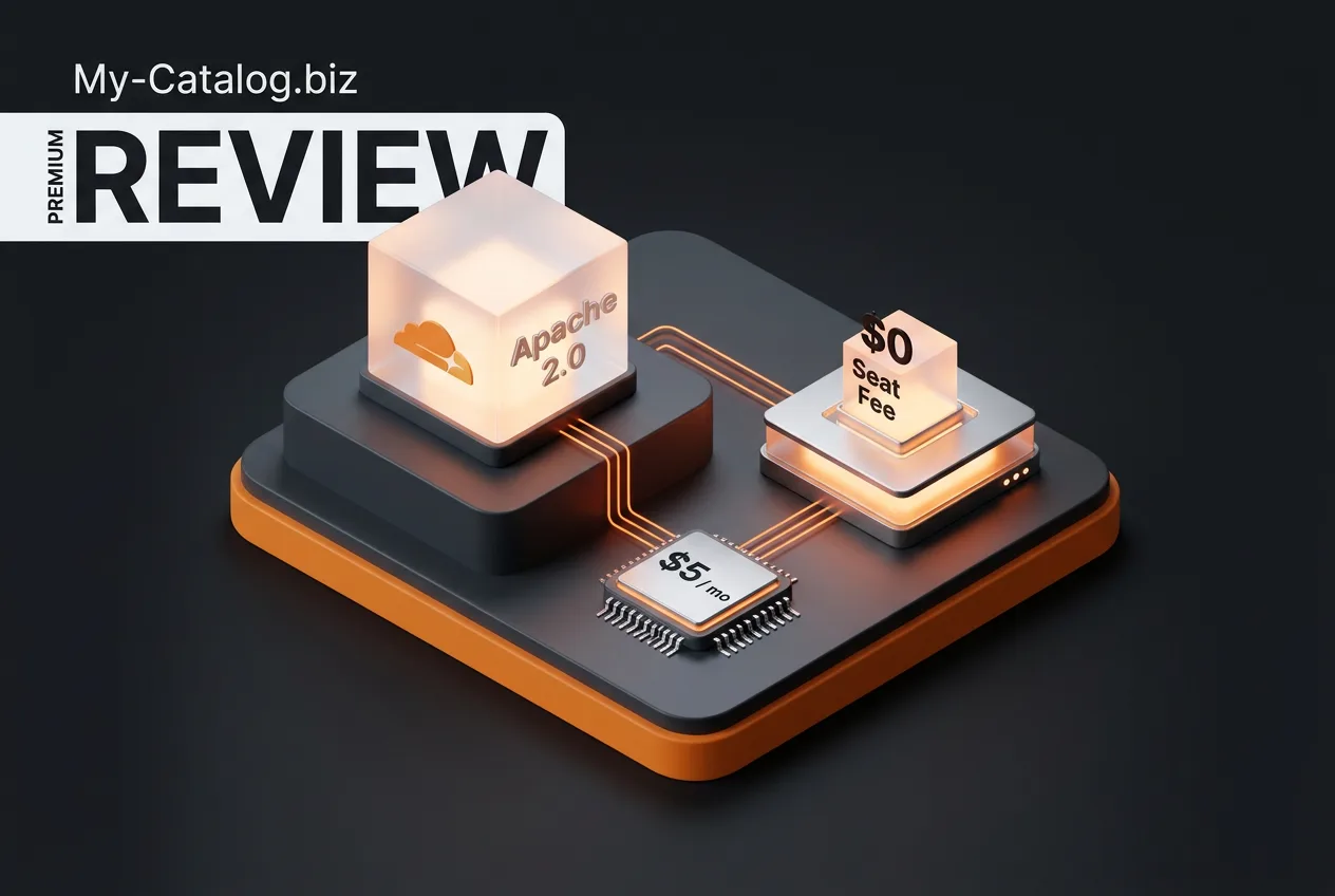 3D infographic displaying Cloudflare OS open-source licensing and serverless infrastructure costs