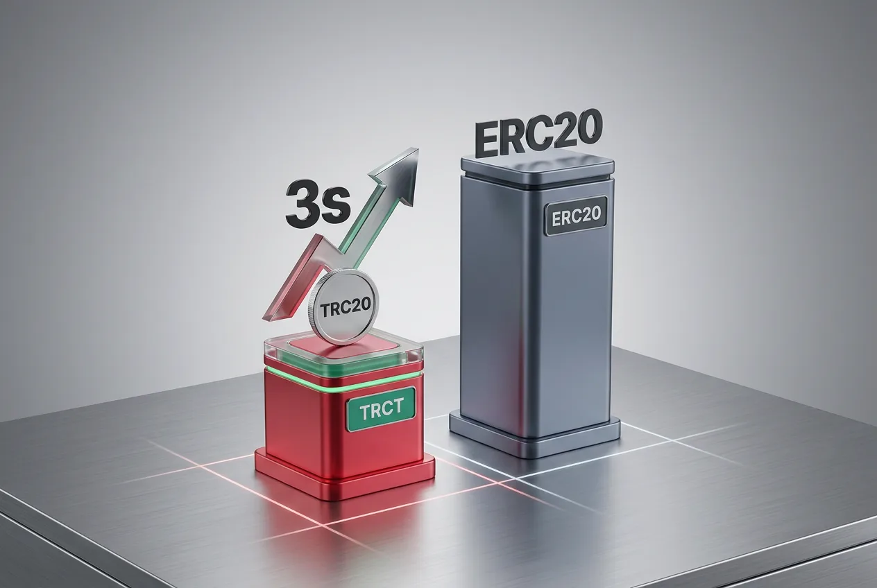 Editorial comparison graphic contrasting USDT transaction speed on Tron TRC-20 against Ethereum.