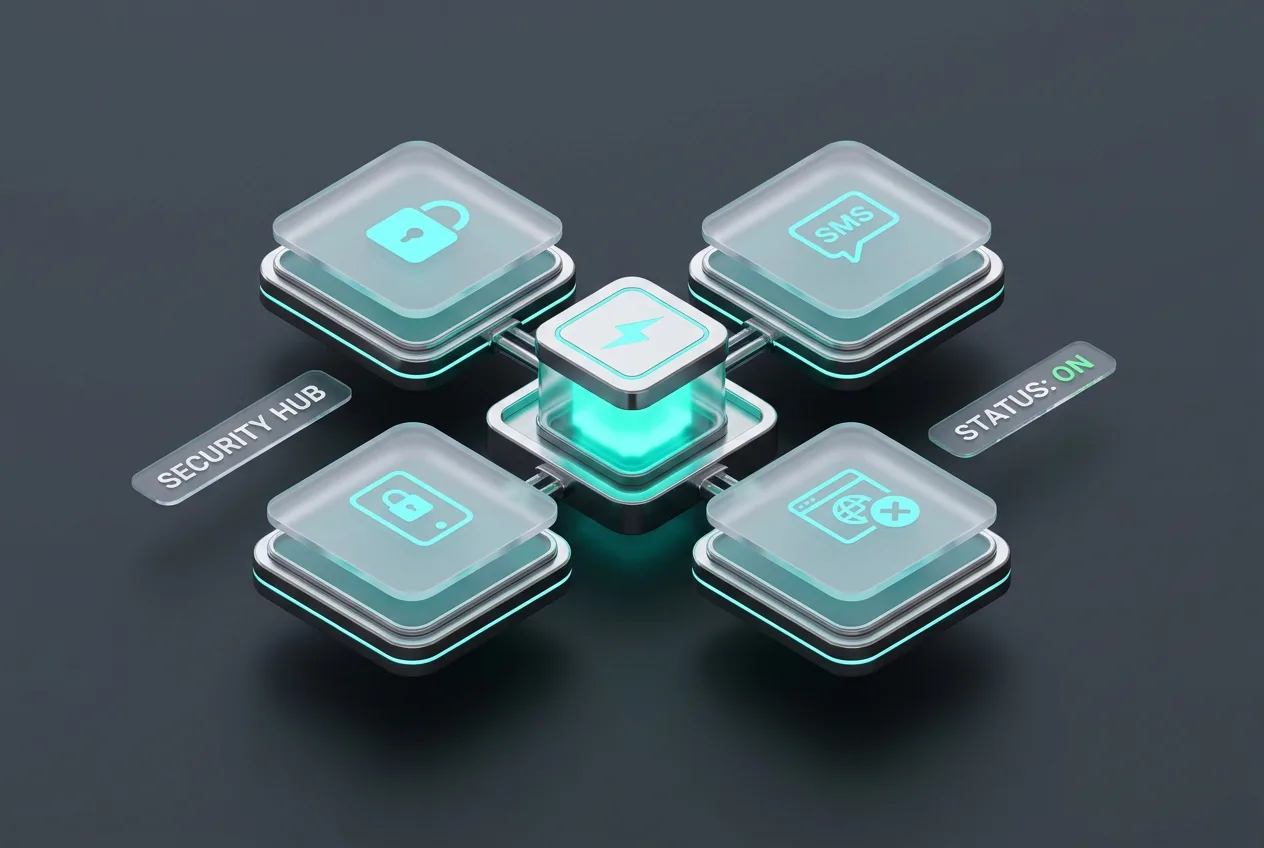 3D modular infographic showing the four security hub pillars of the Surfshark iOS app update.