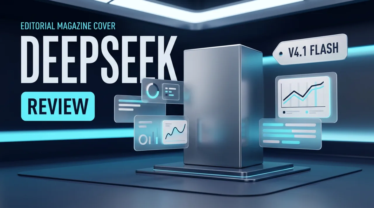 Editorial 3D cover for DeepSeek V4.1 Flash review featuring floating futuristic tech panels.