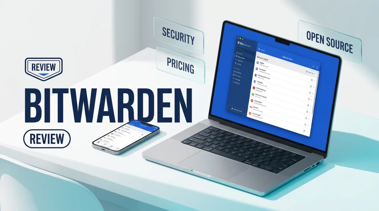 Bitwarden review cover with laptop interface, security badge, and pricing editorial cards