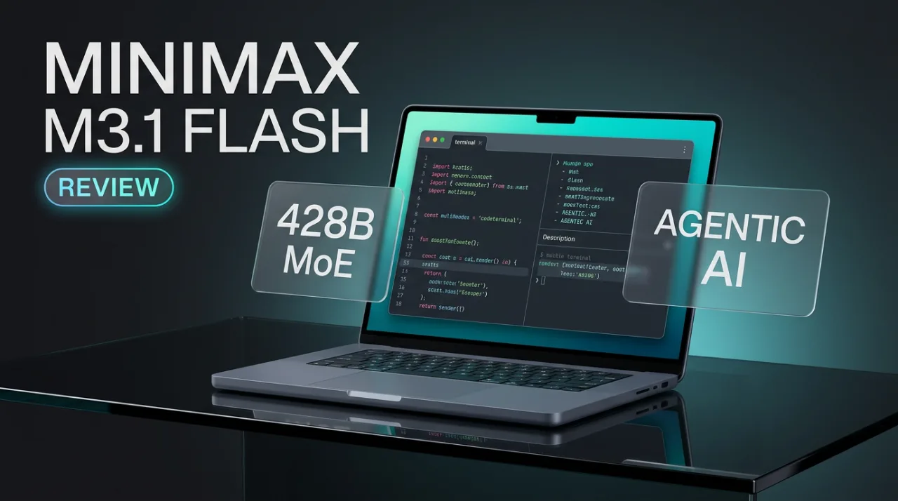 MiniMax M3.1 Flash AI model editorial review cover with floating feature cards and laptop display
