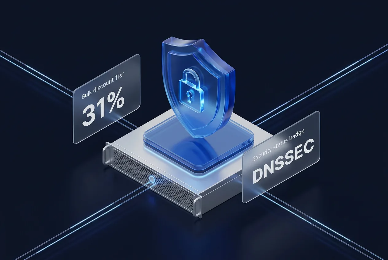 Isometric 3D domain security graphic displaying a digital shield and registrar discount metrics.