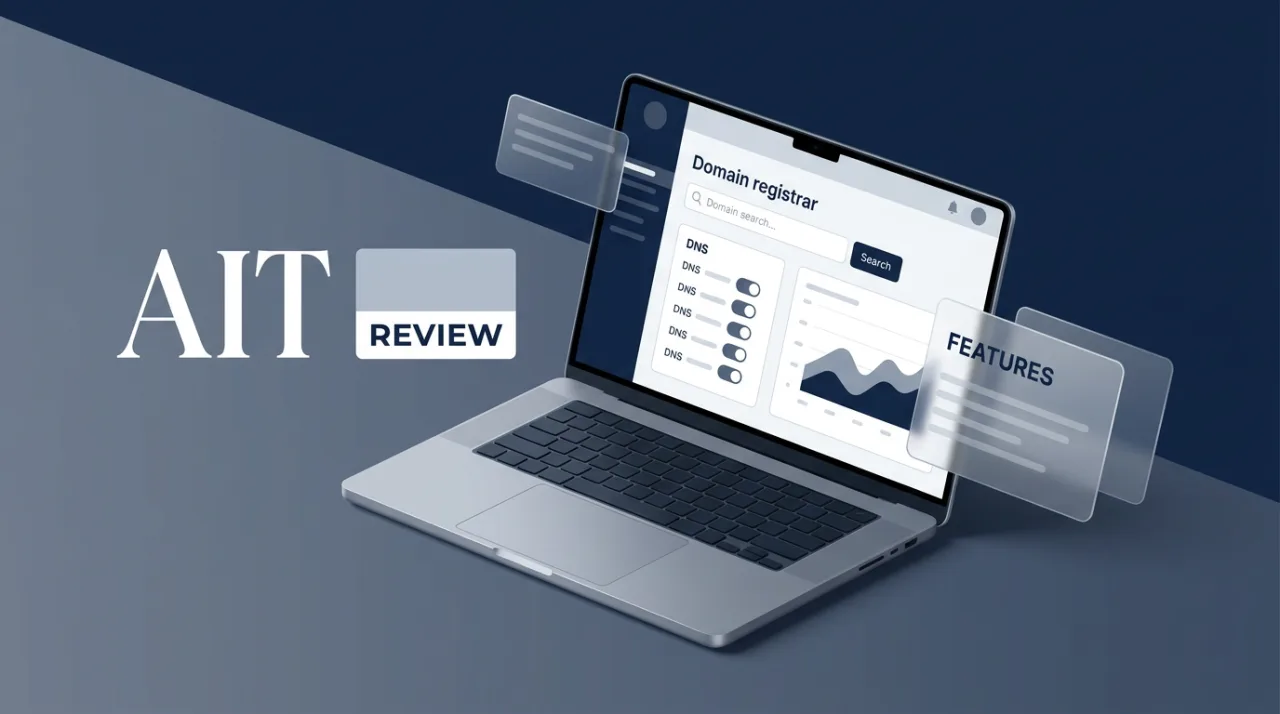AIT domain registrar review cover featuring a modern laptop and editorial feature cards